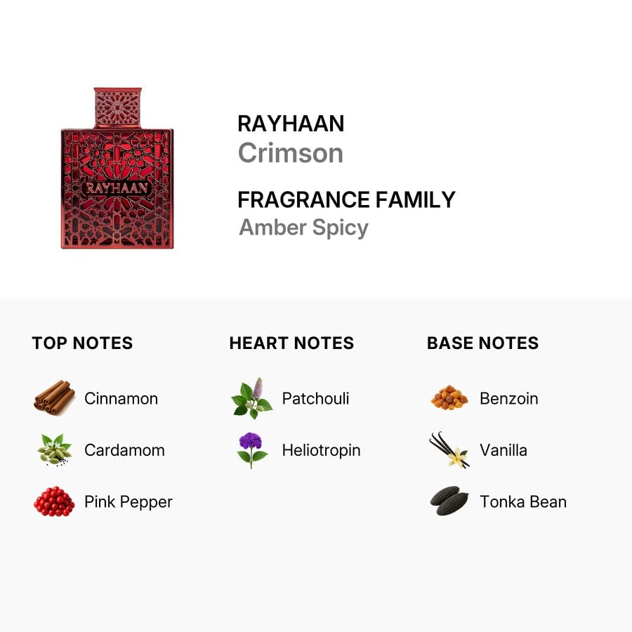Image of Rayhaan Crimson Eau de Parfum Spray for Unisex - 100ml (3.4 Oz) Luxury Arabian Perfume, Long Lasting EDP Fragrance, Premium Designer Red Bottle Scent, Rich Oriental Aroma for Men & Women