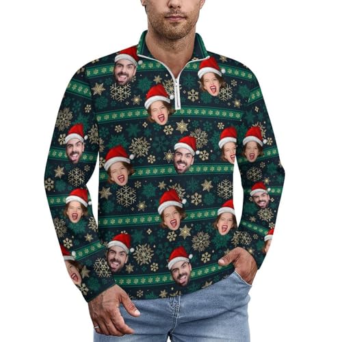 Custom Mens Ugly Christmas Sweater Personalized Face Quarter Zip Up Pullover Jumpers Funny Sweathirt Tops Xmas Sweaters