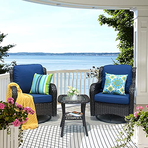Xizzi Patio Chair Outdoor Wicker Swivel Rocker Patio Chairs Set Of 2 And Matching Side Table - 3 Piece Wicker Patio Bistro Set 360 Degrees,Brown Wicker Navy Blue #TOP6
