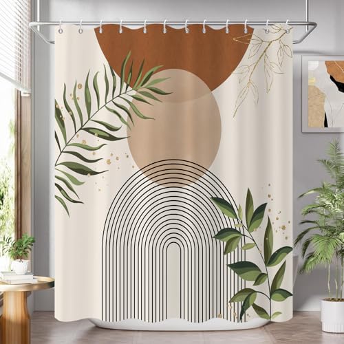 GCIREC Duschvorhang, 180x200cm, Braun Khaki Beige Boho Mid Century Modern Abstrakt mit Minimalistischem Blatt Wasserdichter Stoff Maschinenwaschbarer Badezimmervorhang mit Haken