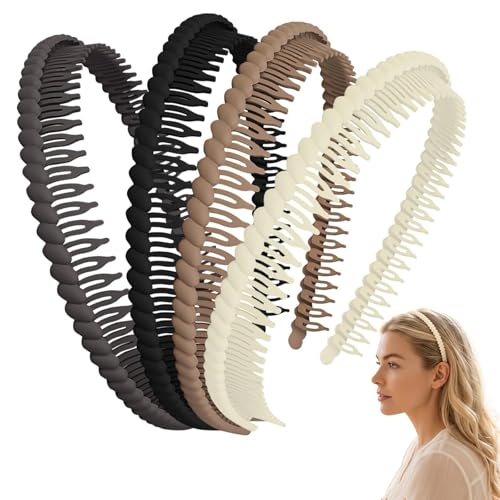4 Diademas Mujer Zig Zag | Diadema de Plástico Flexible con Dientes No Deslizante, Cinta Pelo para Maquillaje Yoga Cuidado Facial (Beige Marrón Negro Gris)