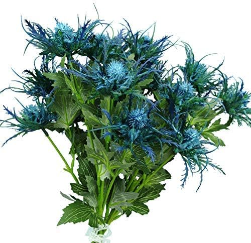 6 tallos largos de cardos artificiales Eryngo racimo de flores plantas para centros de mesa de decoración del hogar (azul)