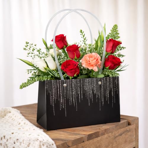Image of Oasis Pack of 10 Valentine's Day Gift Bags For Flower Bouquet & Floral Hamper | Love Gifting Bags for Her & Him | Goodie Bags for Wedding Return Gifts, Birthday, Bridal & Baby Shower | 13 x 22 x 11 cm | Texture Black