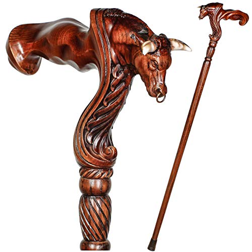Bull Head Wood Carved Walking Stick Cane Ergonomic Palm Grip Buffalo Handle Wooden