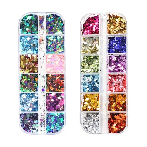 2 Boxes Holographic Nail Art Sequins Chunky Nail Glitter Flakes Shapes Mermaid Nail Decals Iridescent Chameleon Nail Glitters Shiny Manicure Decorations Eye Makeup Sequins Festival Face Glitter