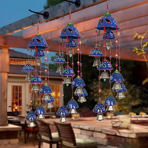 Image of Kuber Industries Rajasthani Design Handcrafted Hanging Windchimes|Latkan with 8 Bells for Home Decor & Positive Energy,Pack of 2 (Blue), Plastic