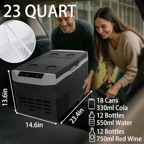Image of 12 Volt Refrigerator, 23QT(22L) Mini Portable Car Fridge, Freezer Compressor Electric Cooler -4℉~68℉, 12 /24V DC 100-240V AC for Truck Van RV SUV Travel Camping Road Boat Trips