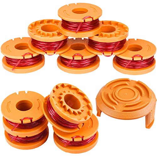 EAONE 10 Pack Replacement Trimmer Edger Spool Line with Trimmer Cap Cover, 10ft 0.065\" Single Line Grass Trimmer Auto-Feed Spool Weed Wacker Eater String for Worx WG150-WG157 WG160 WG163 WG180 etc.