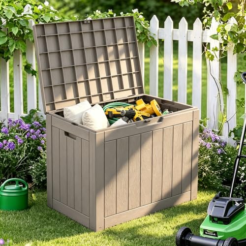 Image of NUNU LAB 32 Gallon Waterproof Outdoor Storage Box, Lockable Resin Deck Box with Lid, Weather Resistant Patio Storage Bin for Garden Tools, Cushions, Package Delivery, Medium Gray