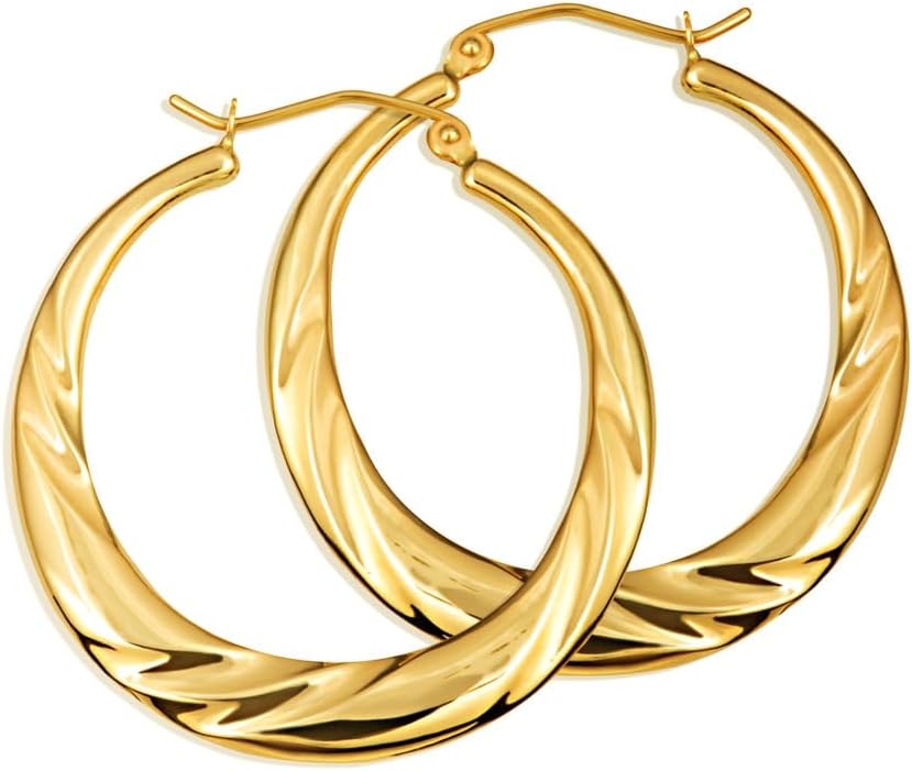 Exquisite 14K Yellow Gold Latch Back Reversible Twisted Hoop Earrings for Women, 2mm Thick 30mm Diameter