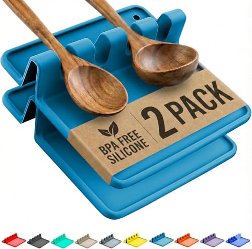 Image of Cooler Kitchen Light Blue Silicone Spoon Rest for Stove Top with Drip Pad (Two Pack) - Heat Resistant BPA Free Utensil Rest & Spoon Holder for Kitchen Counter - Grill Utensil Holder - Spatula Holder