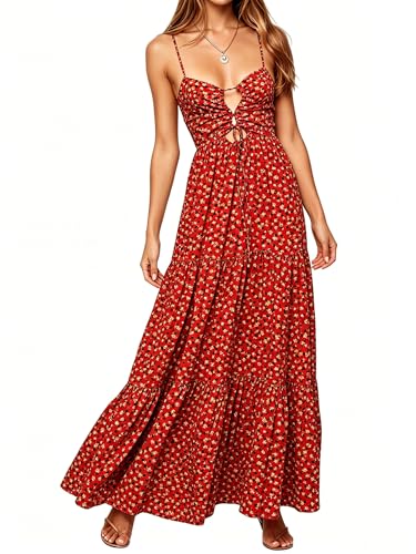 Image of Womens Summer Floral Spaghetti Strap Backless Low Cut Smocked Milkmaid Flowy Beach Sundresses