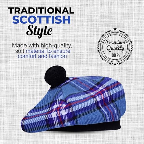 Image of Scottish Tam O' Shanter Hat Tartan Bonnet Pom Pom Wool Flat Cap One Size