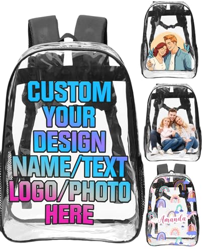 Custom Clear Backpack Personalized Transparent Bookbag with Photo Name Logo, Customized Gift for Sports Work Travel Camping