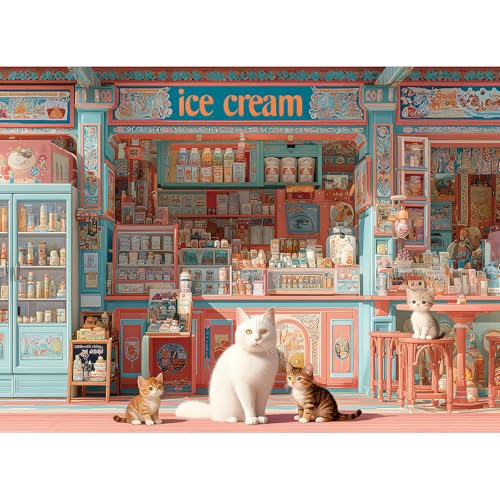 HQXXJW 500 Pieces Puzzle for Adults, Puzzles for Adults 500 Pieces, Retro Ice Cream Shop Cats Jigsaw Puzzle, Challenging Puzzle Perfect for Game Nights, 20.5 X 15 in
