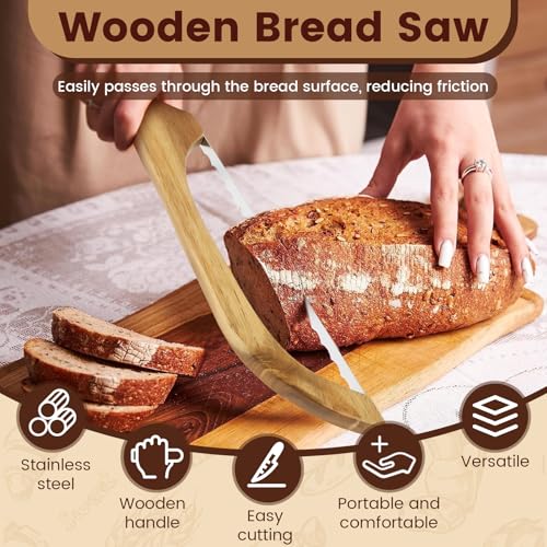 FALESOUL Wooden Bread Bow Knife for Homemade Bread, 16” Serrated Sourdough Knife Slicer, Ergonomic Wooden Handler Premium Stainless Steel Bread Cutter for Sourdough, Rounds Baguettes, Bagels