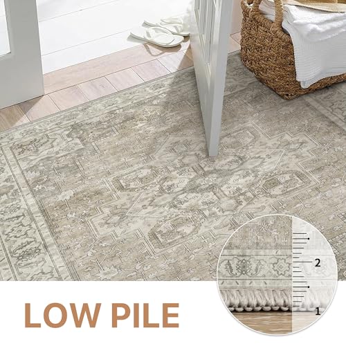 GENIMO 10x14 Area Rugs for Living Room, Machine Washable Non Slip Vintage Rugs, Low Pile Lightweight Chenille Print Rug for Bedroom, Dining Room, Home Office, Trench