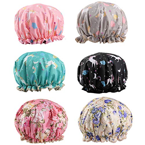 Hedume 6 Pack Shower Caps, Waterproof & Adjustable Bath Cap for Women, Double Layered Shower Cap, Oversized Design for All Hair Lengths, Elasticized Hem