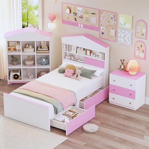 Bovza3piecekidsbedroomsettwinsizehouseshapedbedwithstorageheadboardanddrawerscolorblocknightstandand9compartmentbookshelfforboysandgirlspinkwhite  Urban Country Home Decor Bovza 3 piece kids bedroom set twin size house shaped bed with storage headboard and drawers colorblock nightstand and 9 compartment book shelf for boys and girls pink white  urban country home decor