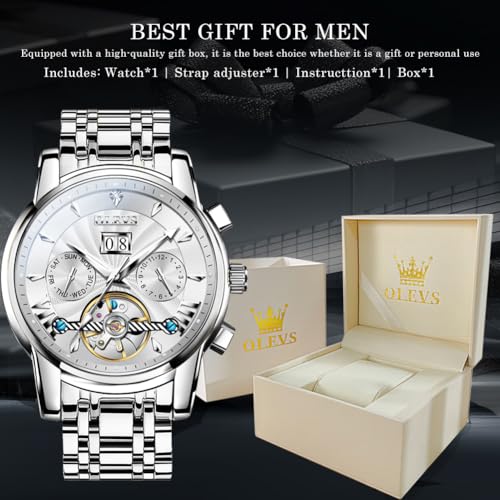 Image of OLEVS Watches for Men Automatic Skeleton 5 Hands Mechanical Luxury Watch Classic Calendar Stainless Steel Waterproof Mens Wrist Watch