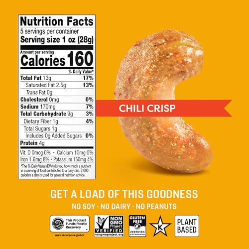 Image of Octonuts Chili Crisp Cashews - Roasted in Almond Oil (5oz) Bold Chili and Garlic Crunch - Plant Based Protein Snack - Healthy, Vegan & Non-GMO Verified