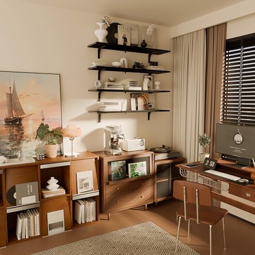 Image of 12 Inch Deep Floating Shelves Set of 4, 48 Inch Wide Black Solid Wood Wall Shelves, 4ft Heavy Duty Farmhouse Wall Mounted Shelving for Kitchen, Living Room & Bedroom