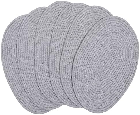 DAJAMAI 6 Pack Woven Placemats, 12x16 inches Gray Oval Plate Charger Cotton Heat Resistant Non-Slip Weave Placemats Farmhouse Straw Braided Rattan Tablemats Wicker Placemats for Dining Table