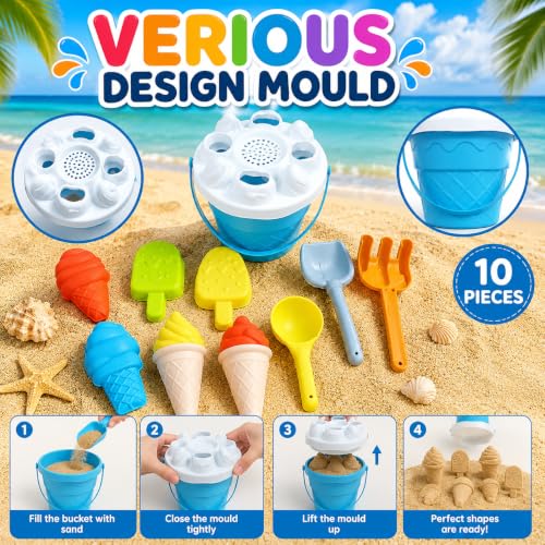 Image of WISHKEY Beach Toys for Kids 10 Pcs Ice Cream Beach Set, Sand Bucket & Molds with Shovel, Rake & Scoop, ABS Plastic Sand Toy Set for Boys & Girls, Beach, Sandbox & Outdoor Play, 18+ Months