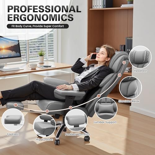 Image of BestGlory Office Desk Chair, Big and Tall Leather Gaming Chair with Footrest, Wide Ergonomic Comfy Executive High-Back Reclining Computer Chairs, Swivel Rolling Wheels and Padded Lumbar Support, Gray