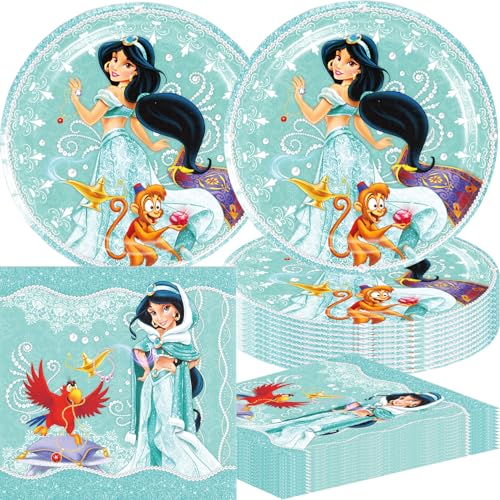 40PCS For Princess Jasmine Party Supplies Set Birthday Decorations Tableware Kit With 20 7Plates 20 Napkins for Party Decoration (RE9)