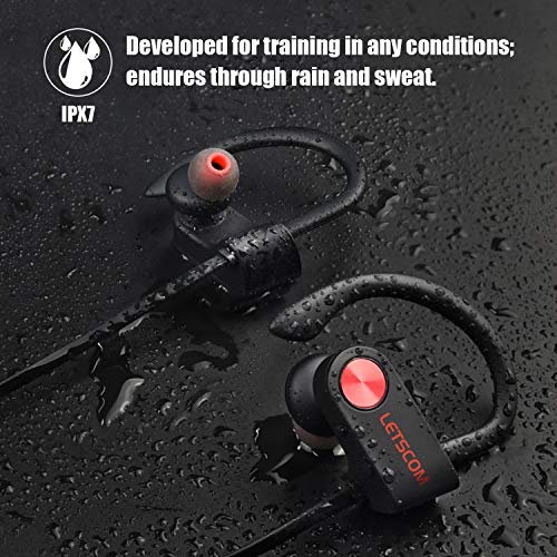 LETSCOM Bluetooth Headphones V5.0 IPX7 Waterproof, Wireless Sport Earphones, HiFi Bass Stereo Sweatproof Earbuds W/Mic, Noise Cancelling Headset for Workout, Running, Gym, 8 Hours Play time