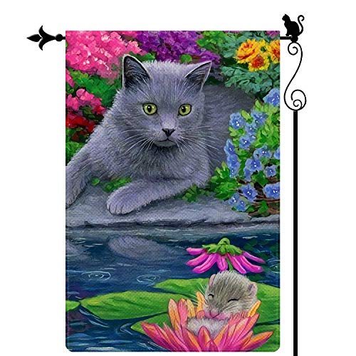 Gormcore Cute Small Cat Garden Flag Kitty Mouse Lotus Floral Small Garden Flag Spring Summer Vertical Double Sided Rustic Farmland Burlap Yard Lawn Outdoor Decor 12.5x18