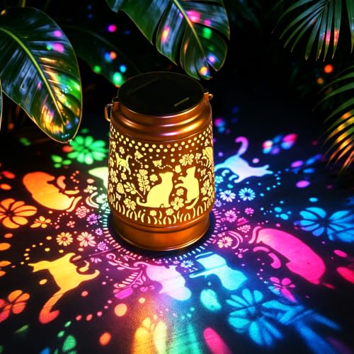 Colorful Cat Solar Lanterns Outdoor Lights, Birthday Gifts for Women Mom Grandma, Garden Decor, Hanging Solar Lights Outside Decorative, Solar Powered Lanterns for Yard Patio Path Backyard