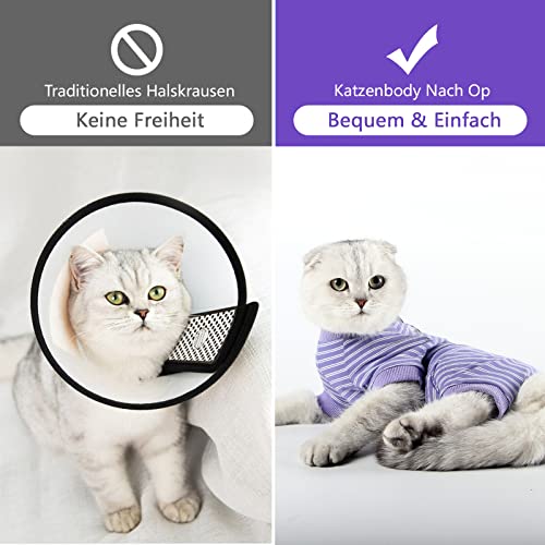 HEYWEAN Katzenbody Nach Op Kastration - Langärmeliger Body Streifen Katzenbekleidung - Halskrausen-Alternative für Operation Anti-leckende Nach Der Operation Tragen