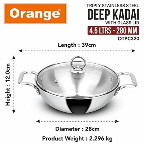 Image of Orange Triply Stainless Steel Deep Kadai with Glass Lid 4.5 litres Capacity (28 cm Diameter) | 28 cm Heavy Bottom with Cool Touch Handle | Silver (Induction and Gas Stove Friendly) | 5 Year Warranty