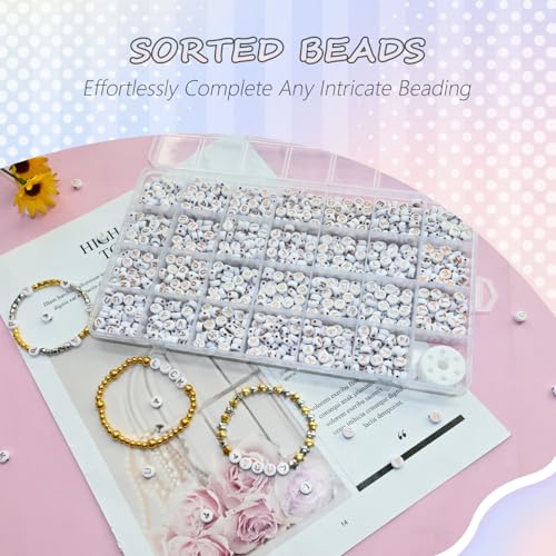 Image of Looconi 1400pcs Rose Gold Letter Beads 4x7mm White Round Acrylic Alphabet A-Z Heart Pattern Beads and Crystal Line for Jewelry Making Bracelets Necklaces Key Chains