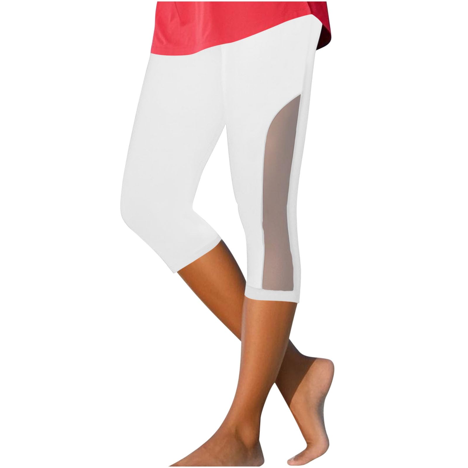 Women Capris Sexy High Cut Sheer Mesh Yoga Cropped Pants Summer Plus Size Workout Slim Bodycon Capris Pant 2025(White,X-Large)