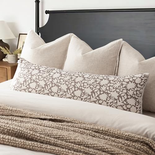 Image of Foindtower Set of 1 Decorative Floral Long Body Lumbar Throw Pillow Covers Neutral Farmhouse Cushion Covers Boho Vintage Pillowcase for Couch Sofa Bedroom Living Room Home Decor,14x36 Inch,Tan