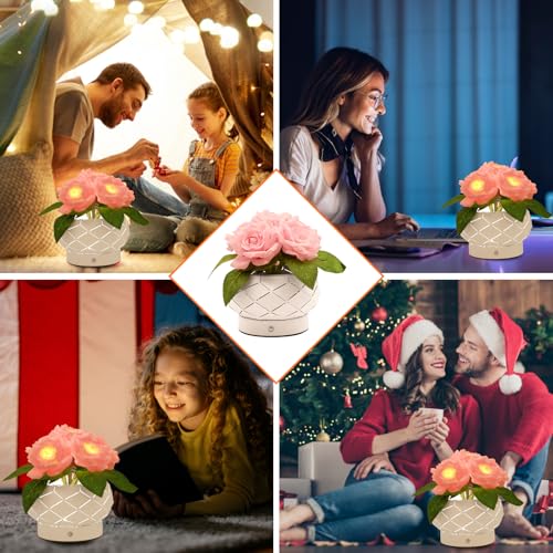 Image of Roses Flower Touch Lamp,Rechargeable Cordless 3-Colour Dimming Small Night Light for Festival,Dining Room,Bedroom Home Decor Birthday Gifts-6 Rose