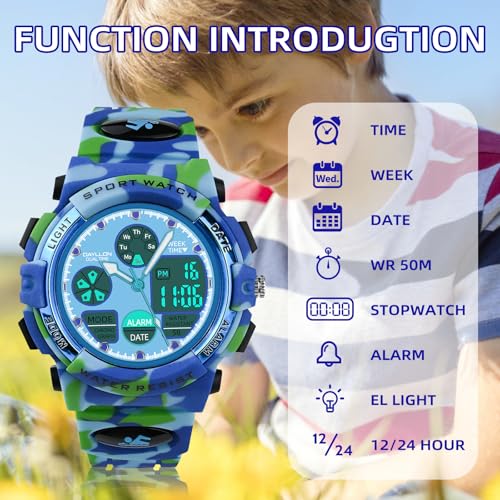 Image of Dayllon Boys Watch,Kids Watch for 5-15 Year Old Boys,Digital Sport Outdoor Multi Function Waterproof with LED Alarm Calendar Analog Watch for Kids Gifts