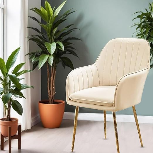 Image of Set of 2 Velvet Dining Chairs, Cushion Seat Chair for Living Room Bedroom Restaurant, Modern Contemporary Upholstered with Polished Rosegold Metal Legs (Off White)