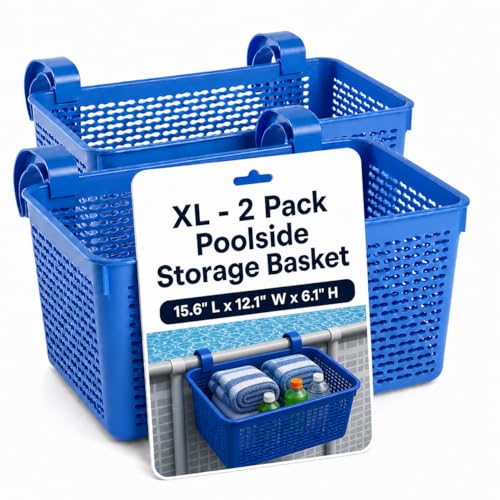 Papapacks 2 Packs XL Poolside Storage Basket for Above Ground Pools 15.6 L x 12.1 W x 6.1 H - Swimming Pool Organizer Patio Accessories Made in Europe (Blue)