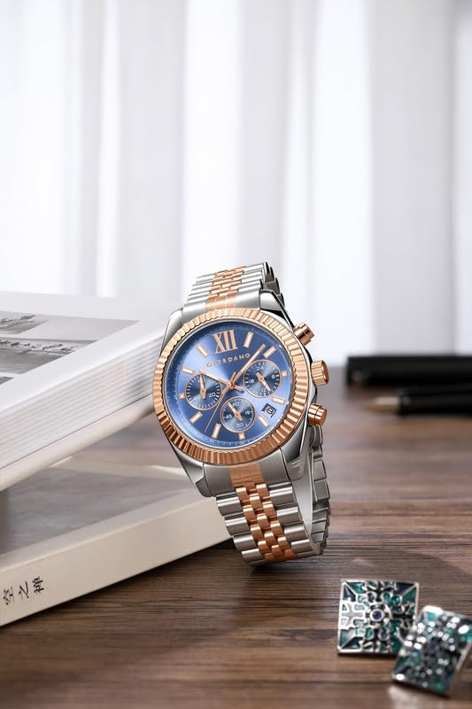 Image of Giordano Chronograph Watch for Men with Round Sunray Dial, Quartz Movement, Three Sub-Dials, Date Display, Roman Numeral Marker, Stainless Steel Strap - GZ-50217