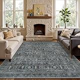 Collive Washable Area Rug 8x10, Vintage Distressed Rugs for Living Room Rugs 8x10 Non Slip Modern Bedroom Carpet Stain Resistant Aesthetic Print Accent Floor Mat for Dining Office - Blue/Grey