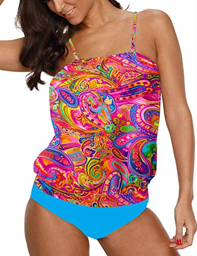 Chenghe Women's Bandeau Blouson Tankini Top High Waisted Moderate Bottom Two Piece Swimsuits Bathing Suits Colourful Us Size L #TOP3