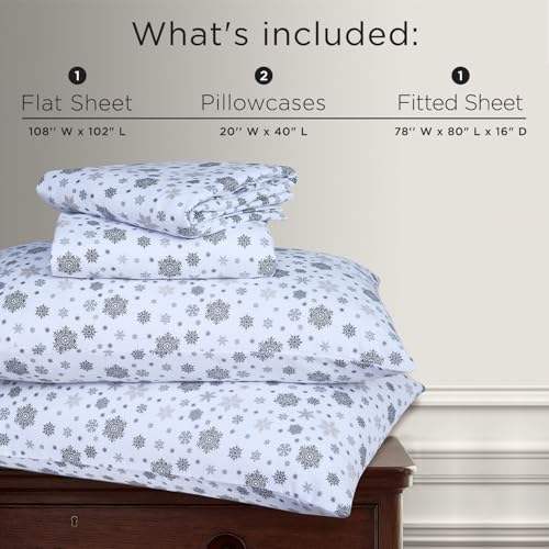 Image of Briarwood Home Printed Flannel Sheet Set, 100% Natural Cotton, Soft, Warm & Deep Pocket, Advanced Nano-Tech Making it Resistance to Pilling; Brushed 6 Times for Softness (Snowflakes, King)