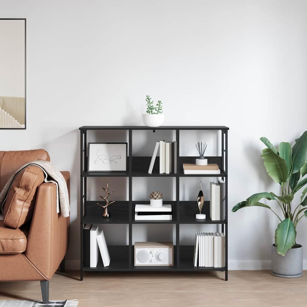 Libreria nera effetto rovere, 102 x 32 x 104,5 cm, con 9 ripiani, robusto telaio in acciaio, versatile per soggiorno, studio, corridoio o biblioteca, design durevole