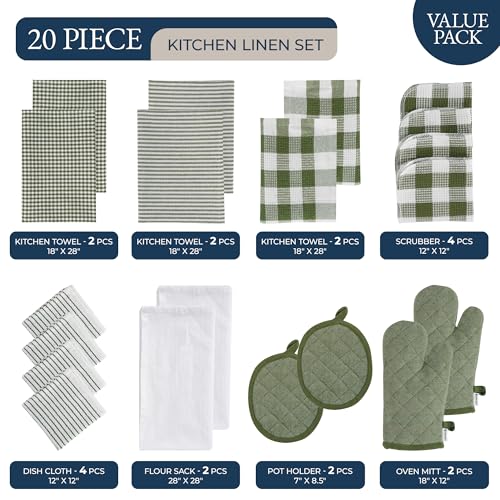 Image of LANE LINEN Kitchen Towel and Pot Holder Sets 20 Pc - Eco Friendly Reusable Cotton Dish Towels, Soft Flour Sack Tea Towels, Absorbent Kitchen Hand Towels, Heat Resistant Oven Mitts for Cooking - Olive