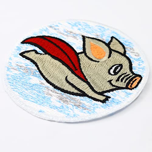 Image of Superhero Piggy Patch Iron-On | Superhero Pig sew On Emblem Flying Pig | Go Veggie Badge Vegan Animal Welfare | Say no to Meat | Fabric Applique| Gift for Kids and Adults - 2.75X2.75 in