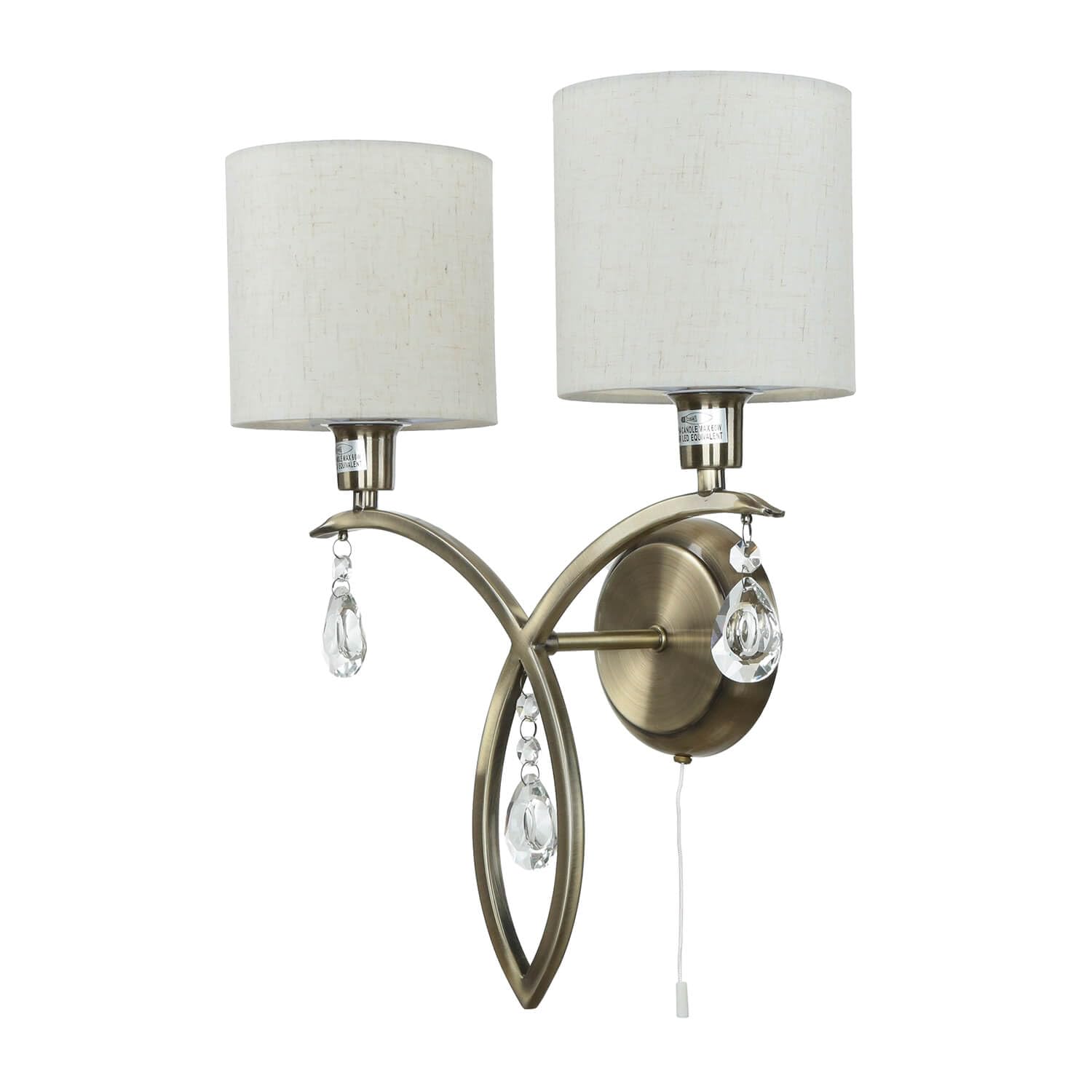 Licht-Erlebnisse Wandlampe 2-flammig in Messing Antik Natur E14 Stoff Metall mit Schalter Klassisch Wandleuchte Wohnzimmer Schlafzimmer